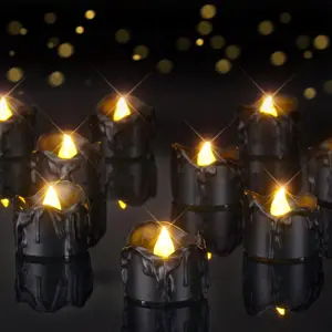 24PCS Halloween Black Dripping Flameless Tea Lights, Battery Operated Flickering LED Candles, Safe for Pumpkins, Party & Holiday Decor, 1.58" D x 1.2" H, Warm White Glow