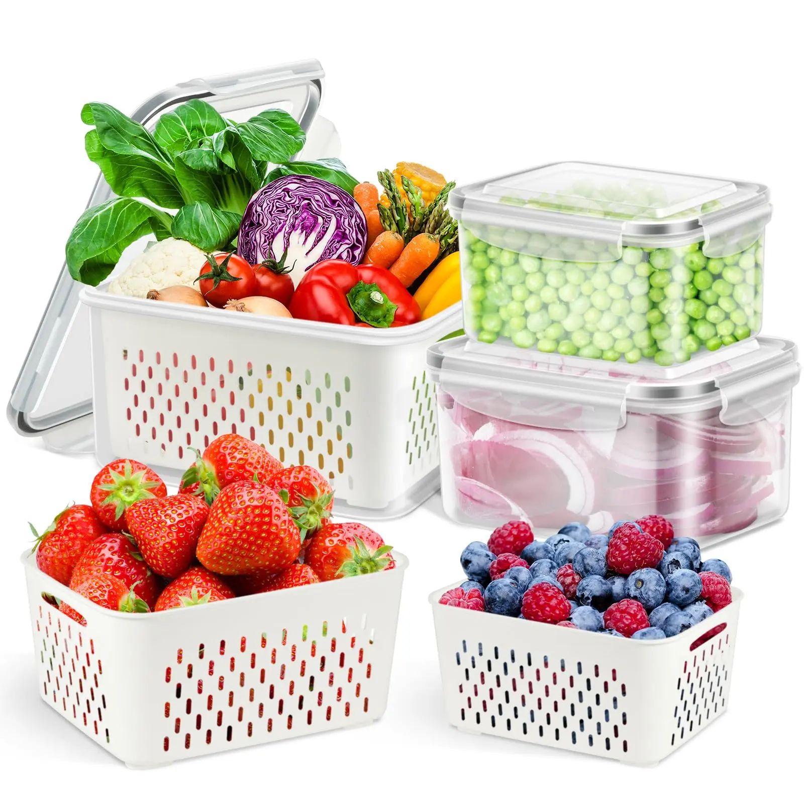 3 Pack Fridge Organizers and Storage - Stackable Fruit Storage Containers for Fridge with Removable Colander, BPA-Free Food Storage Container for Salad Berry Lettuce Vegetables Meat Keeper Fresh Food Storage Container with lids