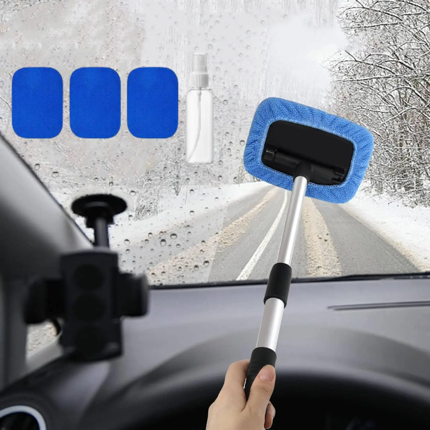 Microfiber Car Windshield Cleaner Kit - Durable and Ergonomic Extendable Detachable Handle Auto Inside Glass Wiper with 4 Washable Pads, 4 Washer Towels for No-Streak Cleaning, Emergency Ice Removal, Television - Tools & Hardware Hand Tool Kits