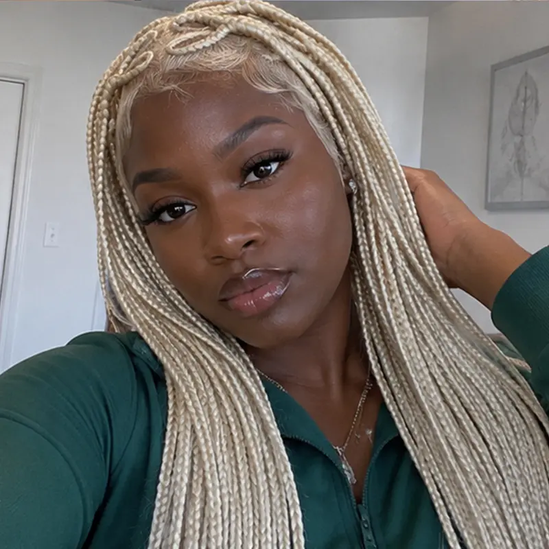 DOSAY Women's 36-Inch HD Full Lace Knotless Box Braids Wig, Handmade Synthetic Boho Goddess Wig with Curly Ends, Natural Tribal Cornrows Frontal, 1B Platinum Blonde, Braids Hairstyles, Heart Shape, Female Protective Style for Daily/Party Use