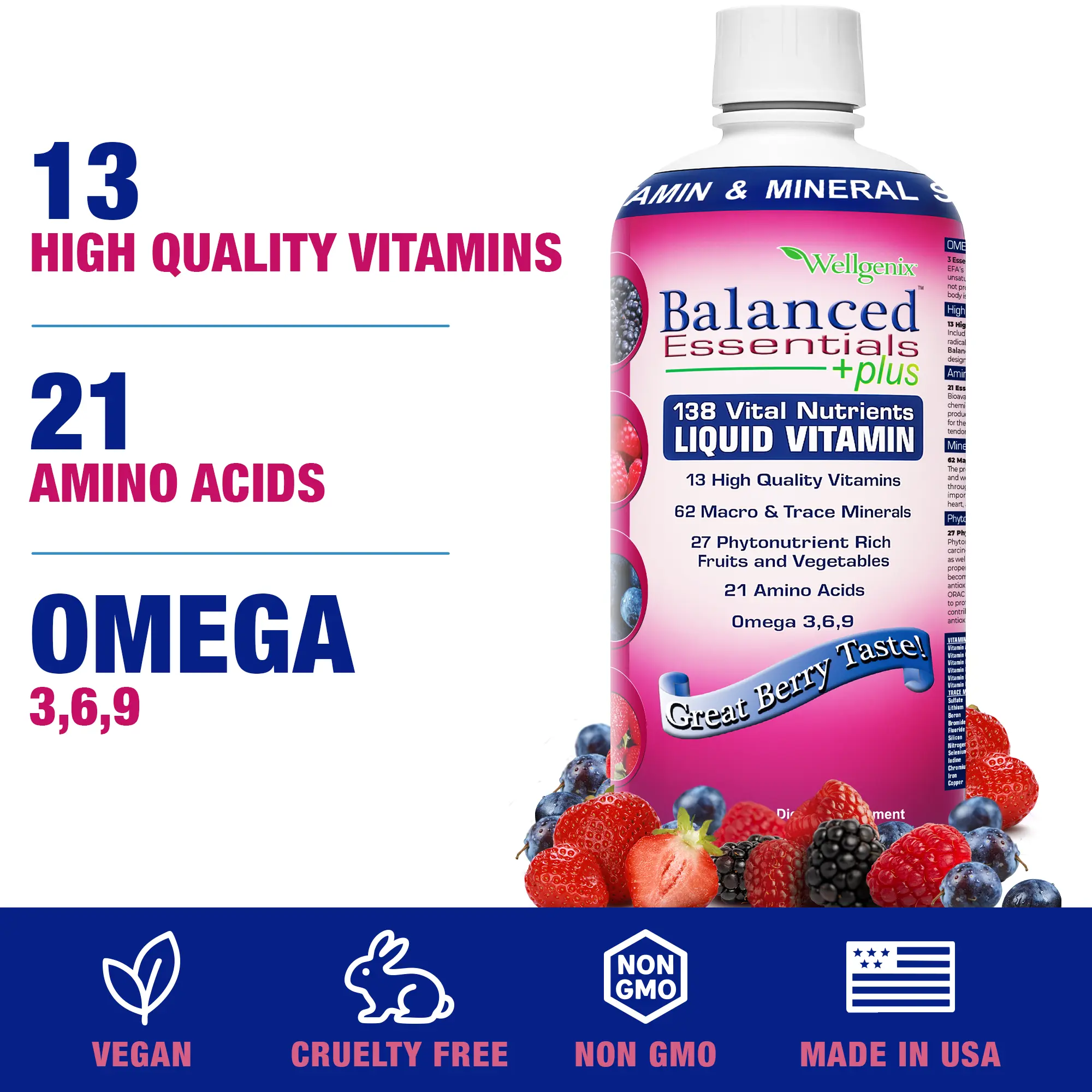 Wellgenix Balanced Essentials Plus Liquid Vitamins with Bioavailable Amino Acids - Healthcare Supplement With Omega 3,6, & 9 - 32 fl oz
