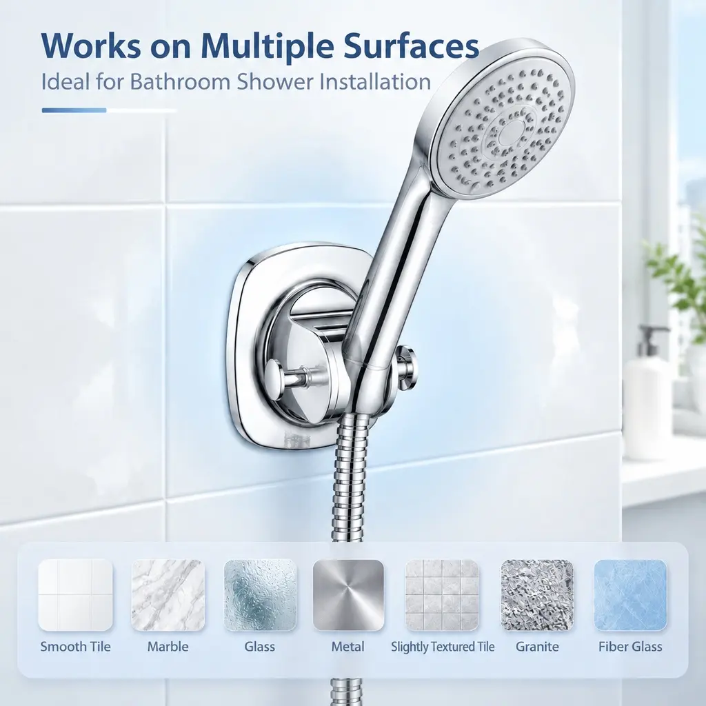 Drill-Free Shower Holder for Renters/Homeowners, Dual Mounting Options (Adhesive or Screw-In with Included Screws), Rust-Proof Wall-Mounted Bracket with Stability Under Pressure, Wobble-Free Versatility