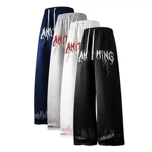 Mens Light Gray Oversized Wide Leg Sweatpants Red ‘Anithing’ Text & Flame Graphic Streetwear 2000s Outfits Comfy Casual Going Out Fits Gifts for Him Trendy Mens Clothing Trouser Loose Menswear Sports Vintage Gamis