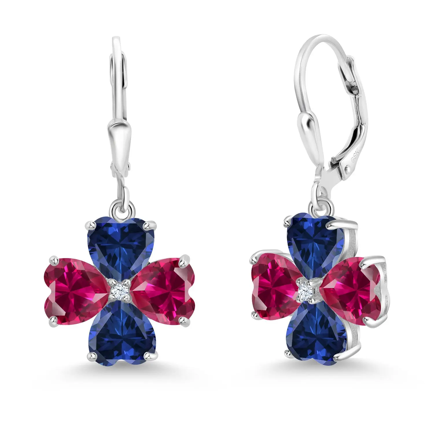 Gem Stone King 7.07 Cttw Red Created Ruby and Blue Created Sapphire Dangle Earrings For Women | 925 Sterling Silver | Gemstone July Birthstone | Heart Shape 6MM