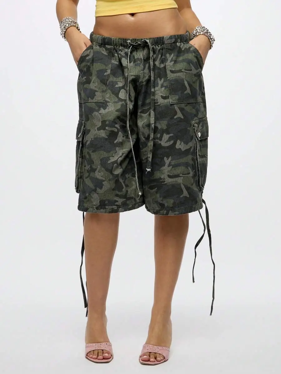 Women's Camo Cargo Bermuda Shorts Cotton Drawstring Elastic Waist Loose Utility Combat Hiking Summer Casual Shorts