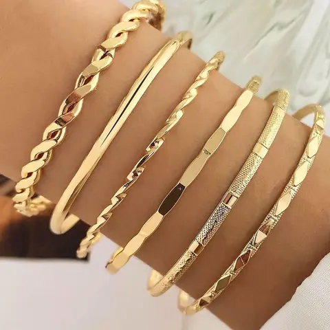 Women's 6 Pieces Golden Bangles, Multi-Layer Stackable Exquisite Bracelet Set, Fashionable and Elegant, Twisted Cable Bracelet, Minimalist Bohemian Style Jewelry Gift, High Quality Bracelet, Stackable Bracelets