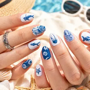CurvLife Ocean Breeze Press-On Nails Collection – 30PCS, Blue Sea, Wave, Shell and Tropical Beach Inspired Designs, Glossy Reusable Nails for Summer Vacation and Coastal Looks