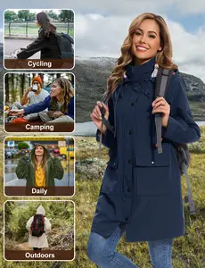 Rain Jacket Women's Waterproof Transition Jacket Long Rain Coat Windbreaker Jacket Lightweight with Removable Hood Rain Parka Breathable for Spring Summer Autumn