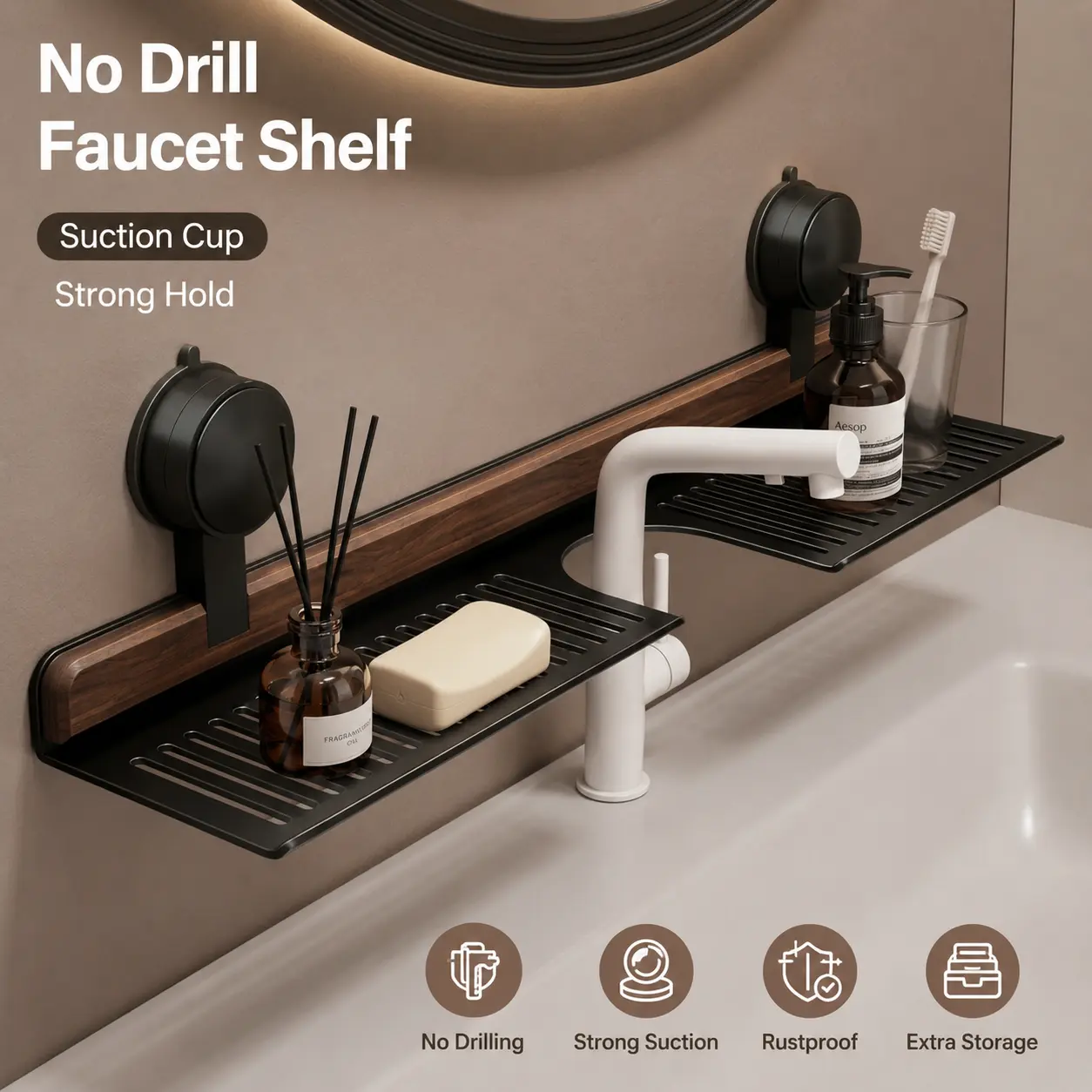 Bathroom Faucet Shelf Organizer with Strong Suction Cups | No Drill Sink Storage Rack
