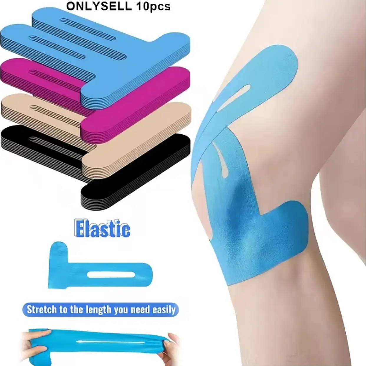 Precut Cotton Elastic Knee Stabilizer Tape (10 Pcs) - Waterproof, Breathable, Hypoallergenic, Latex-Free Kinesiotape Stabilizing Sports Tape for Basketball Training Pain Relief, Cotton Athletic Tape