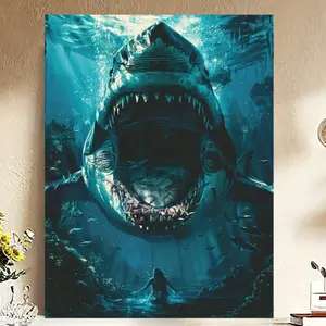 Giant Shark Adventure Frameless Canvas Art Painting, High-Definition Canvas Decorative Painting 11.8* 15.7inch (30* 40cm ) with Wooden Framing -- Modern Home Decoration, Can Be Directly Hung in Living Room, Bedroom