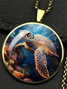 2D Flat Design, One Elegant Ocean-themed Necklace - Turtle and Coral Reef Pendant, Made of Alloy and Glass Cabochon, A Gift for Ocean Lovers, Suitable for Beach Parties, Divers, and Aquarium Enthusiasts (Christmas/Easter Accessory).