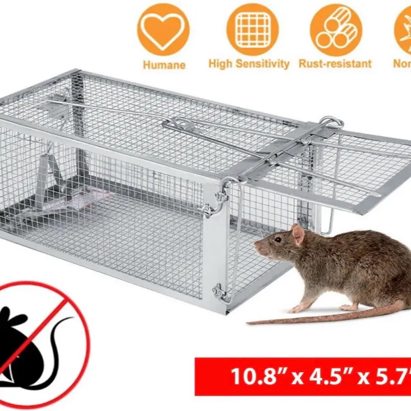 Humane Rat Trap Cage - Galvanized Steel Live Catch Rodent Trap for Mice & Chipmunks - High Sensitivity Trigger & Escape-Proof Door - 10.8" x 4.5" x 5.7" - Easy Setup & Reusable