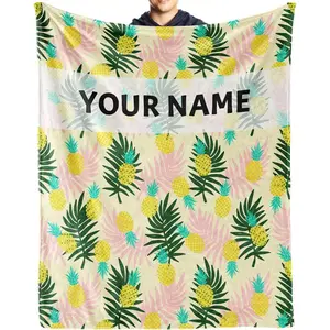 Personalized Pineapple Blanket Gifts with Text Name, 60"x80" Colorful Fruit Flannel Fleece Throw Blanket Soft, Lightweight, Comfortable, Warm Pineapple Themed Blanket for Pineapple Lovers Adults Kids