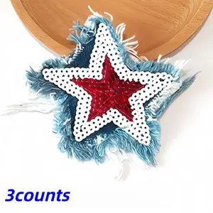 3 Pcs Denim Star Sequins Embroidery Design Patches, Blue Glitter Sparkle Sequins Iron-On Sewing Decorations, DIY Crafts Bags Clothing Accessories