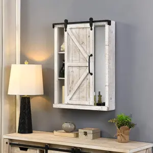 Off-White Winona Barn Door Mirrored Cabinet, Storage with Shelves for Bathroom, Kitchen and Office, Wood, Farmhouse, 28 x 21 Inches