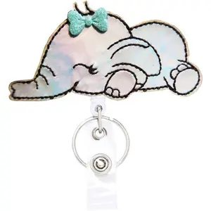 Cute Elephant with  Bowknot Reflective Sparkle Badge Reels Retractable, with  Clip and Key Ring, 24 inches Thick Pull Cord