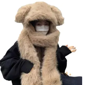 Plush puppy ears winter hat, scarf, and gloves three-piece set, thickened warm neck protector plush hat for women.