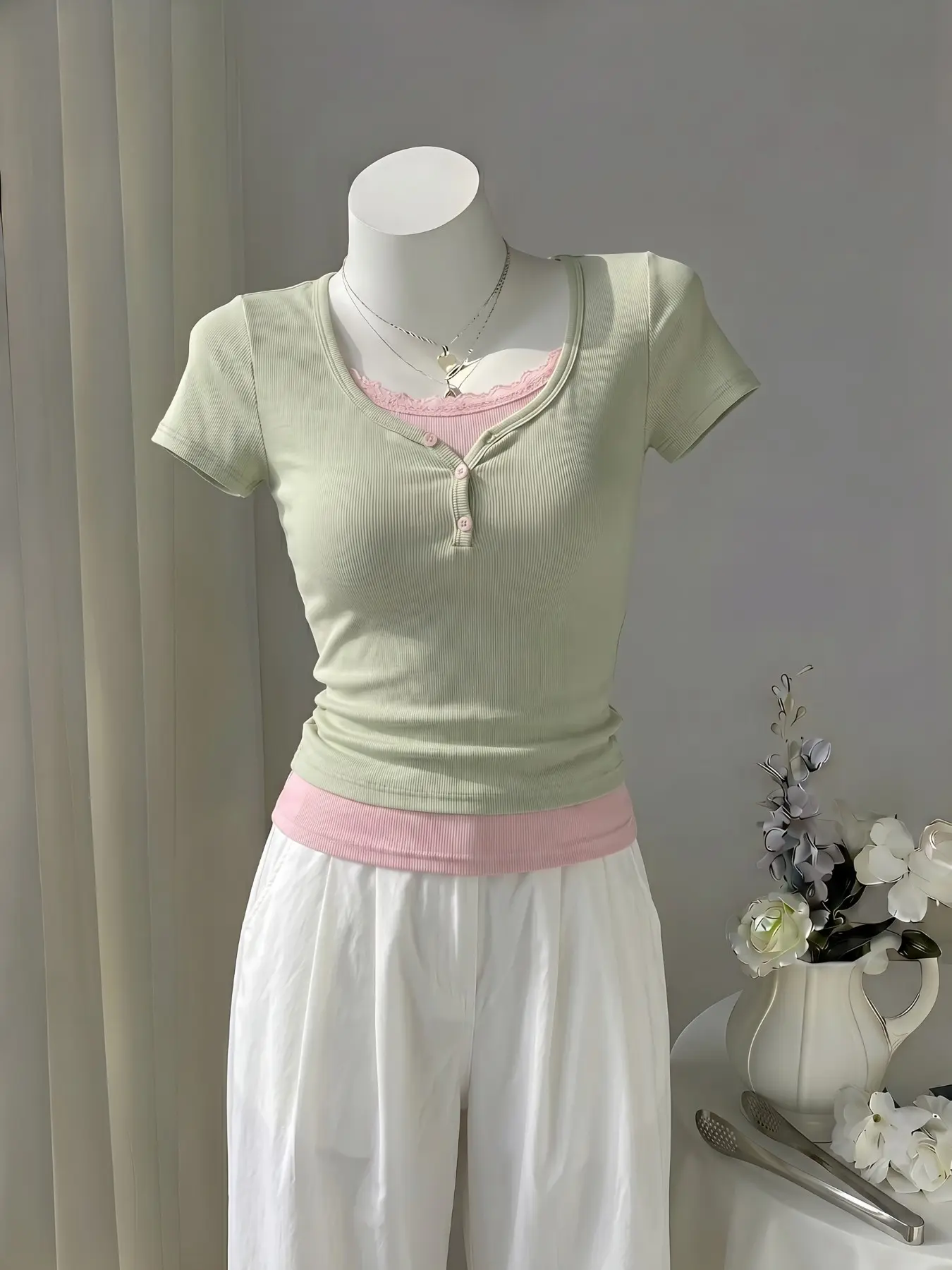 Pastel Green & Pink Contrast Fake Layered Casual Summer Tee, Scoop Neck Button Detail Ribbed Knit Slimming Fitted T-Shirt for Women Tops, Casual Trendy Tee