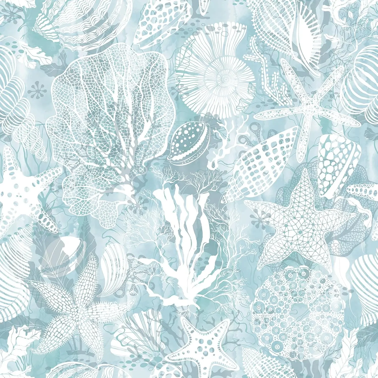 Stickyart 17.5"x276" Aqua Peel-and-Stick Wallpaper, Renter-Friendly Coastal Marine Life Decor, Watercolor Blue White Boho Coral Starfish Seashell Contact Paper for Bookshelf, Wall Murals, Accent Walls