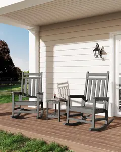 GAOMON Poly Lumber Rocking Chair Outdoor Set of 2 with Side Table - HDPE High Back Porch Rocker Chairs - All Weather Resistant Furniture for Patio - Gray