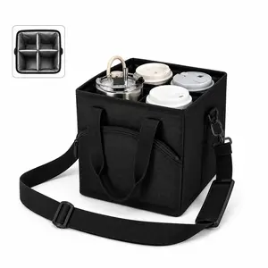 Drink Carrier Bag, Insulated Drink Holder Bag, 4 Compartment Drink Carrier Tote Bag with Adjustable Dividers, Reusable Oxford Fabric Cup Carrier Caddy with Handle and Shoulder Strap for Coffee Delivery, Car, Beach, Sports, Picnics and Family Outings