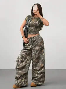 Women's Camouflage Tree Branch Cropped T-shirt + Wide-leg Pants Two-piece Set - Tree Pattern Leaf Camouflage Print Y2K Hot Girl Style Casual Outfit