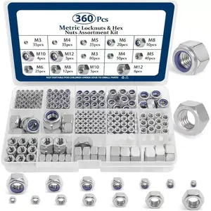 Stainless Steel Hex Nut & Locknut Combination Set, M3-M12 Metric Hex Nuts and Locknuts Kit, Hardware Fastener and Hooks for Home and Office