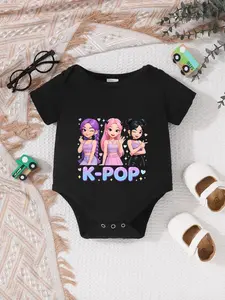 Newborn Summer Short Sleeve Onesie, Unisex Baby Soft Cartoon Print, Cute K-Pop Idol Design, Fitted One Piece Pajamas