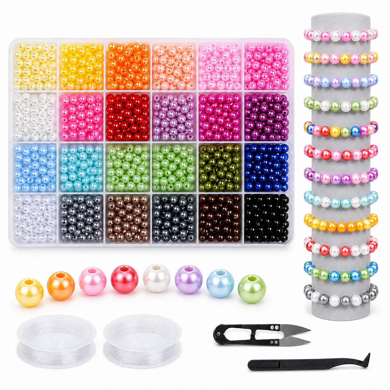 Beginner-Friendly 6mm Glossy Finish Acrylic Pearl Bead Craft Set, Approx. 1440Pcs 24 Assorted Colors Round Beads with Storage Box, Elastic String & Tools for DIY Jewelry Making Bracelets, Necklaces