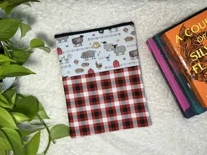 Large Sheep Chicken Farm Themed Padded Fabric Book Cover Sleeve for Books and Tablets with Plaid Design