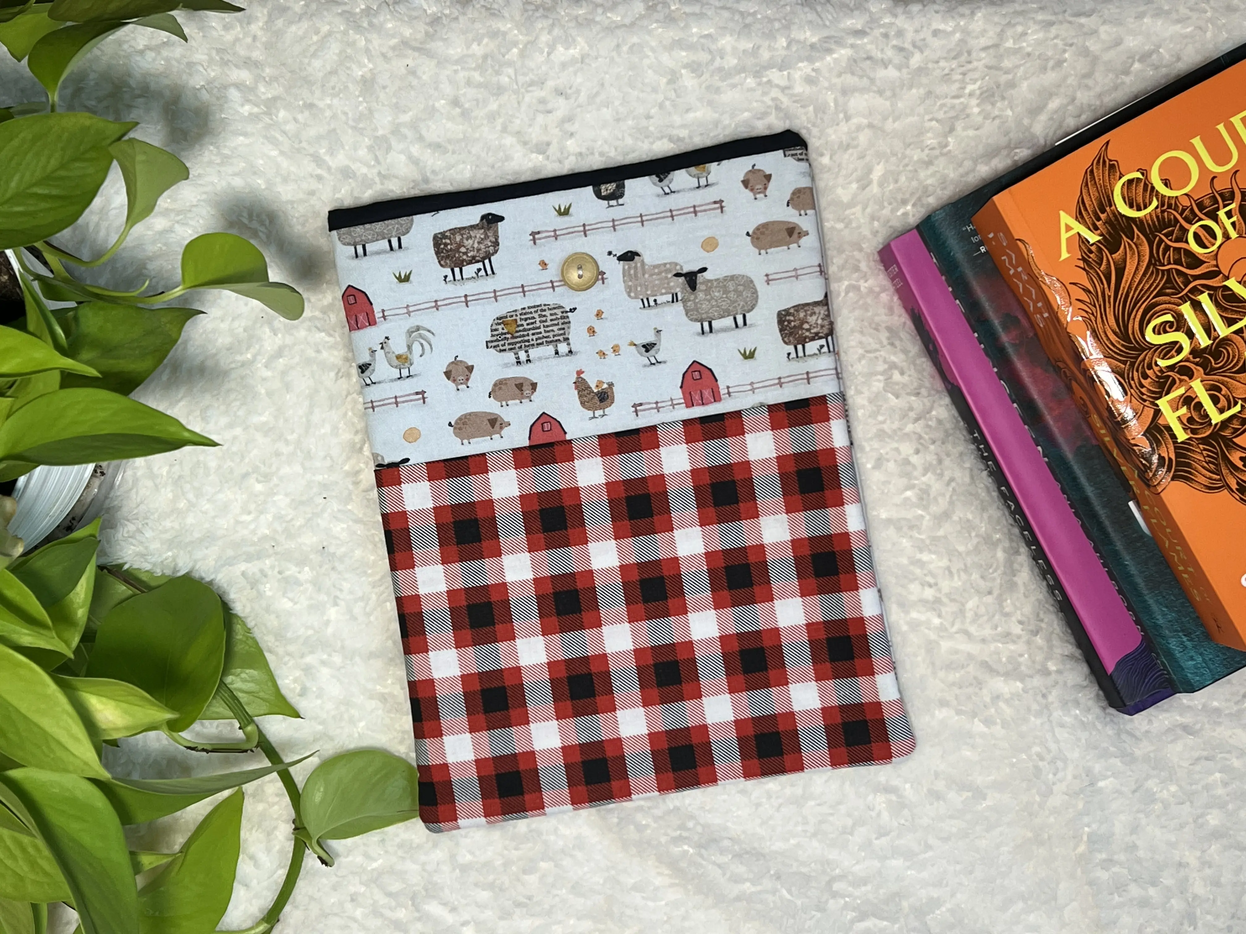 Large Sheep Chicken Farm Themed Padded Fabric Book Cover Sleeve for Books and Tablets with Plaid Design