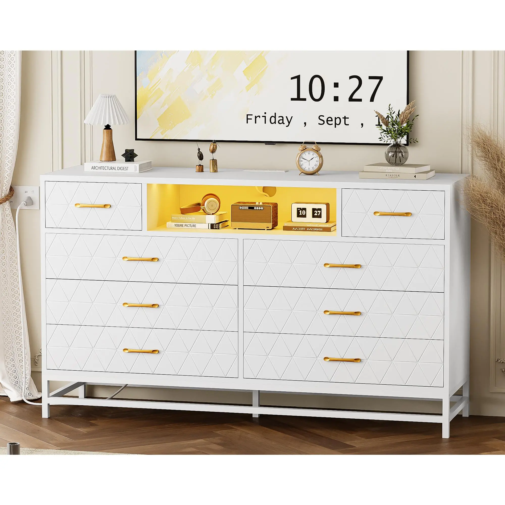Modern White 8-Drawer Rectangular TV Stand - Modern Storage Cabinet with Charging Ports, LED Lights, Extended Storage, Small Indoor Furniture for Dorm Room, Bedroom