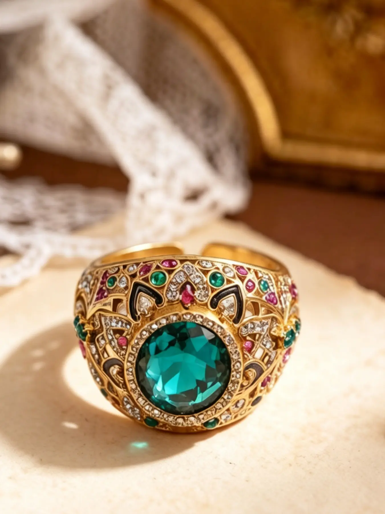 A vintage antique gold court style ring, featuring large emerald as the main stone, paired with colorful gemstones and enamel carvings, suitable for dinners, parties, or vintage outfits.