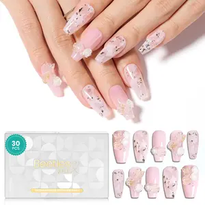 Beetles Pink Flower & Butterfly Handmade Press on Nail Kit, 30pcs Nails Set in 15 sizes, Stylish Acrylic Nails, Cute & Elegant Press on Nails for Women & Girls, DIY Nail Art