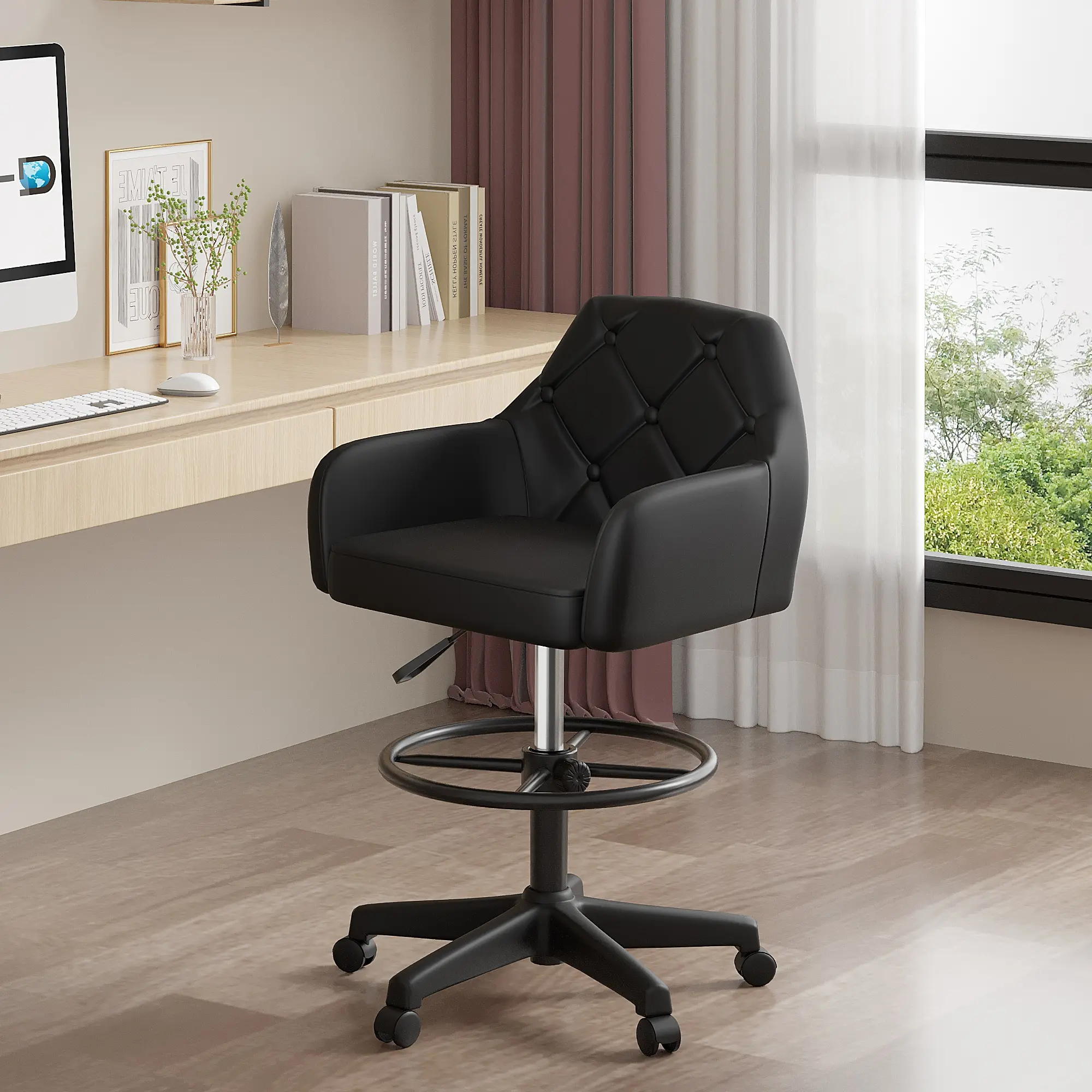 VECELO PU Leather Drafting Chair with Low Back and Footrest Ring, Height Adjustable, Swivel Rolling Wheels, for Drawing/Standing Desk/Office, Black