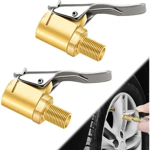 2 count Brass Locking Tire Air Chuck, Tire Inflator Hose Adapter for Twist On Connection Convert to Lock On, No Air Leakage Air Compressor Pump Clip On Tire Chucks, Tire Nozzle with Tire Valve Thread