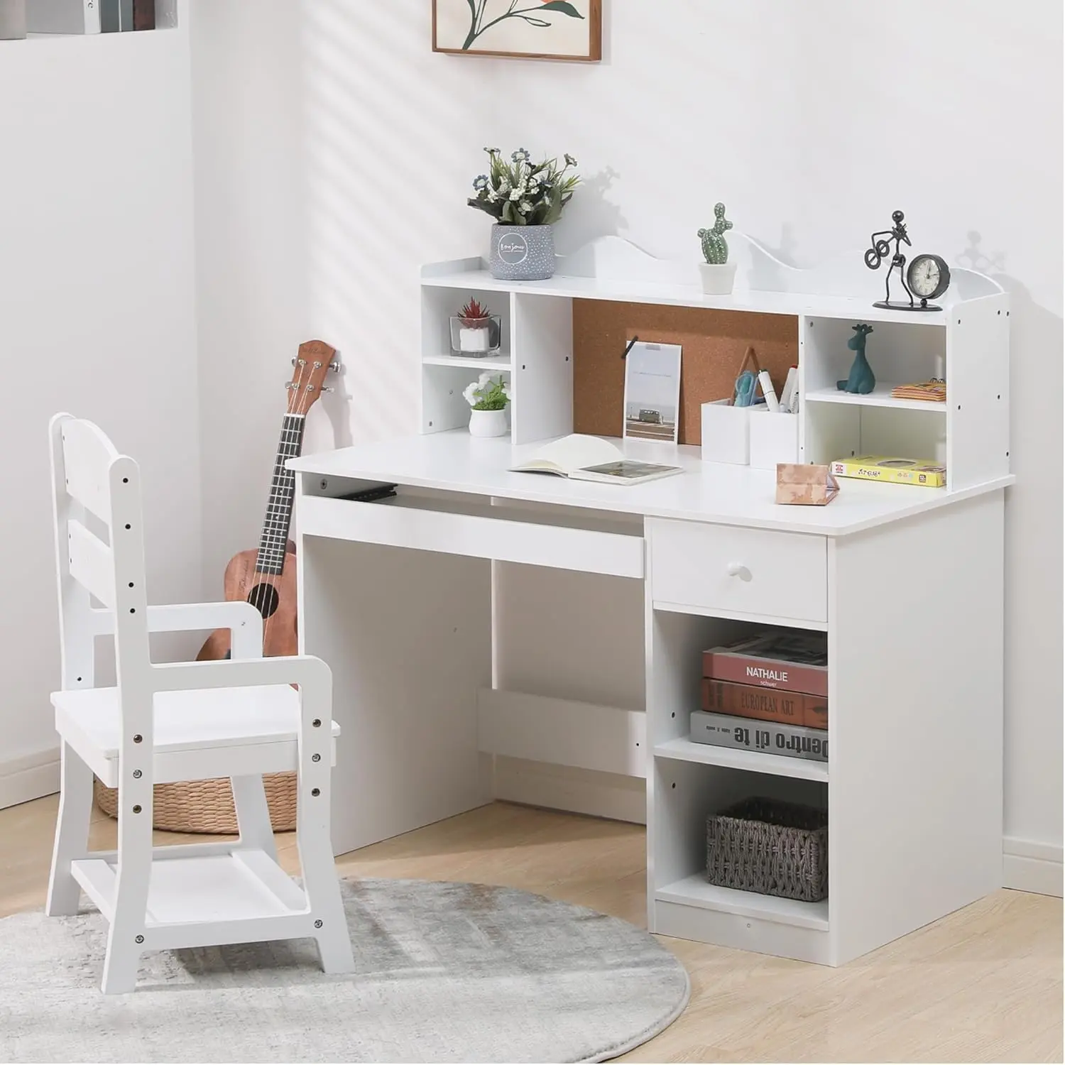 Gaomon Ergonomic Modern MDF Wood Children's Learning Reading Desk and Chair Set, Home Furniture with Bulletin Board, Keyboard Drawer, Open Shelves, Organizer Storage, 100 lbs Capacity, Assembly Required, Yes