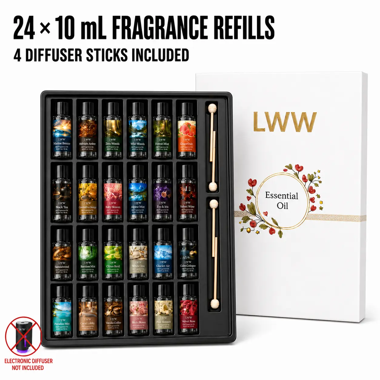 LWW Basic Home Fragrance Products Refill Box, Refill Ready Multi-Function 24-Pack 10mL Fragrance Oils with 4 Wooden Diffuser Sticks, Assorted Scents for Indoors & Car Use