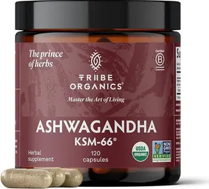 TRIBE ORGANICS Ashwagandha KSM 66 Pure Organic Root Powder Extract Ayurvedic Supplement - Focus, Mood Support, Increase Energy, Strength, 600mg of Natural KSM66 for Superior Absorption - 120 Capsules