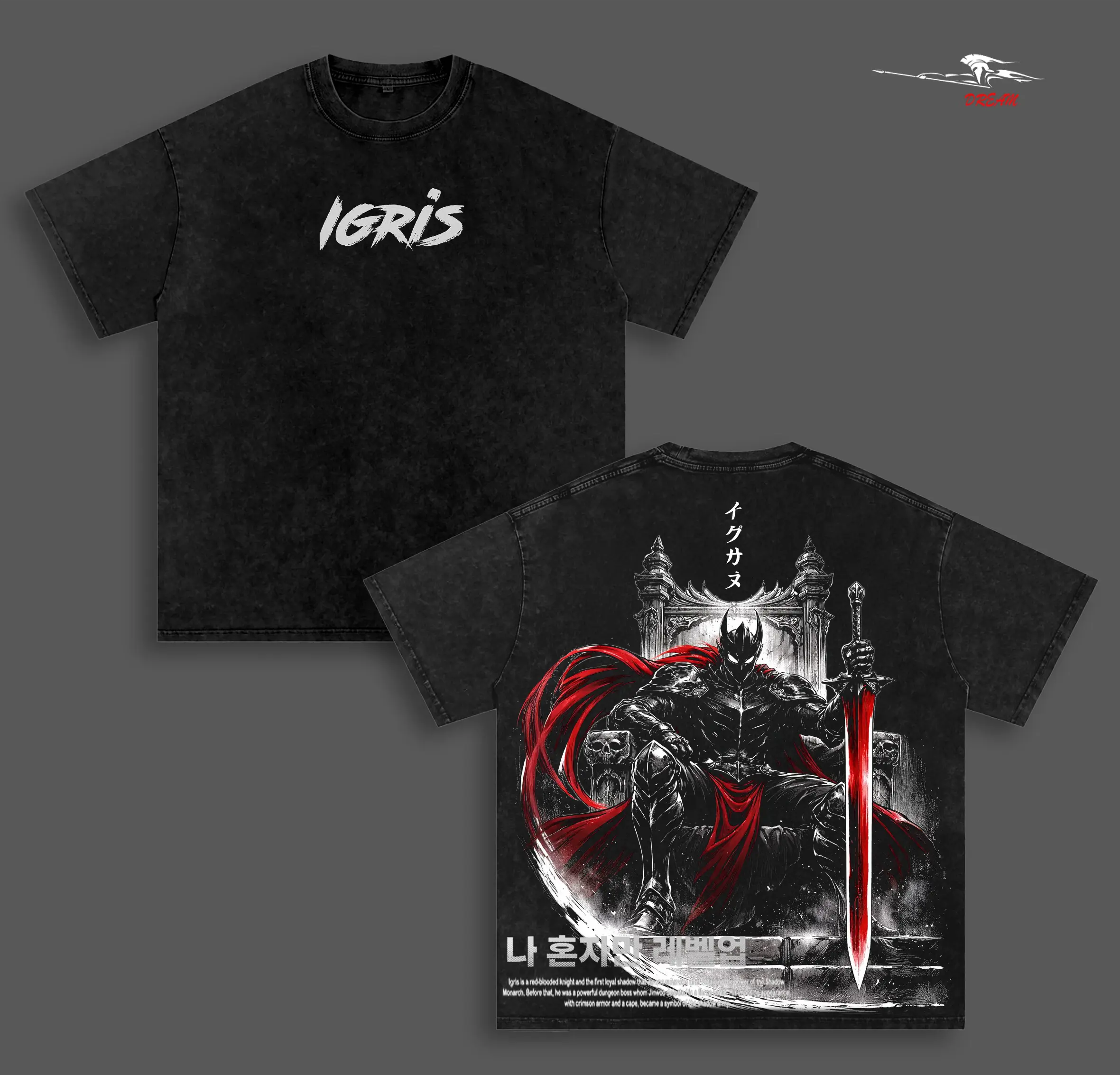 Igris Solo Leveling Anime Double Printed Vintage Washed Tee Unisex Oversize Anime Manga Washed Heavyweight Cotton T-shirt