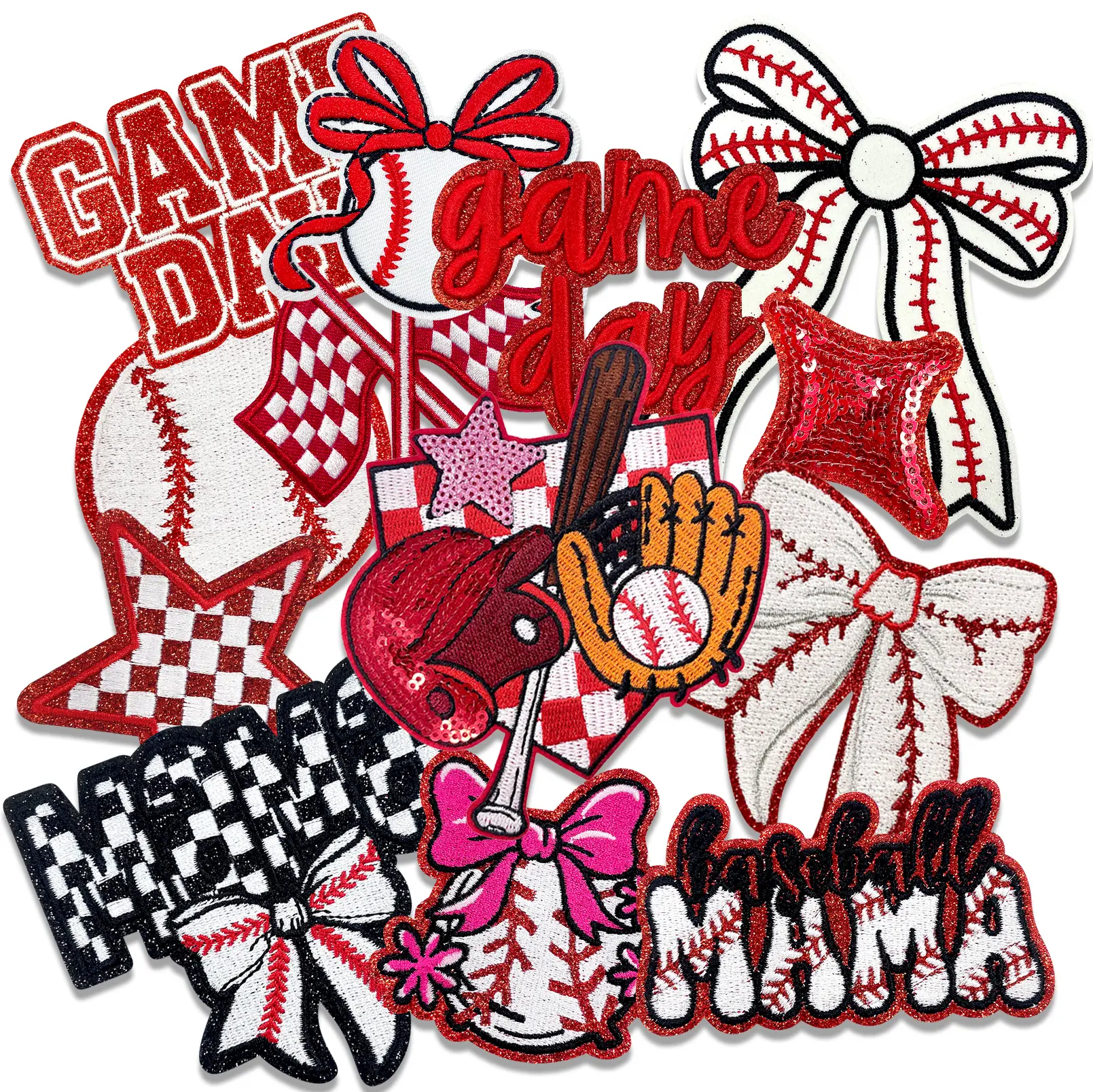 CY 13Pcs Cotton/Sequins Baseball MAMA Iron-On Embroidery Patches Set - Kids, Boys DIY Fabric Repair Embellishments, Game Day Bow, Star Appliques for Trucker Hats, Clothes, Embroidered
