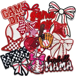 CY 13Pcs Baseball MAMA Iron On Patches Set Game Day Embroidered Bow Star Applique for Trucker Hats Clothes Jackets Backpacks