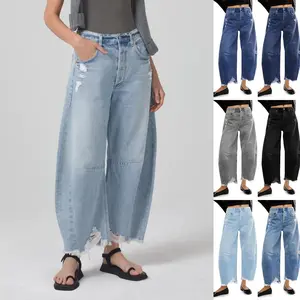 Danedvi Women's Minimalist Barrel Leg Jeans - Baggy Boyfriend Style, Casual Wide Leg Crop, Raw Hem, Pocket Denim Pants for Streetwear Clothes