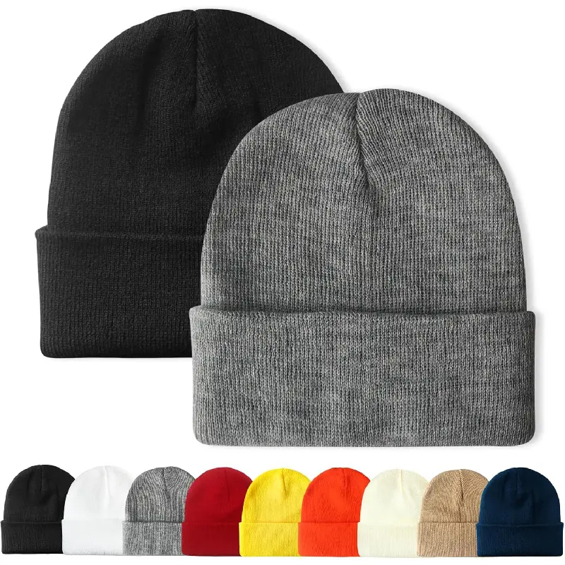 Unisex Knit Cozy Beanie 2-Pack (Black, Black + Orange, 2-Piece White) - Casual Hat, Embroidered Detail, High Elasticity, Ear Covering Clothes Accessory for Winter