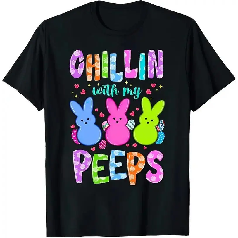 [OVER SIZE][BOLDR SHOP]Chillin with My Peeps Easter Shirts for Women, Easter Bunny Tshirt, Funny Easter Gifts T-Shirt Breathable T-shirt