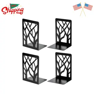 Book Ends Tree Design Modern for Shelves, Non-Skid Book Holder, Heavy Duty Metal 7 x 4.7 x 3.5”, Black,2 Pair/4 Pieces