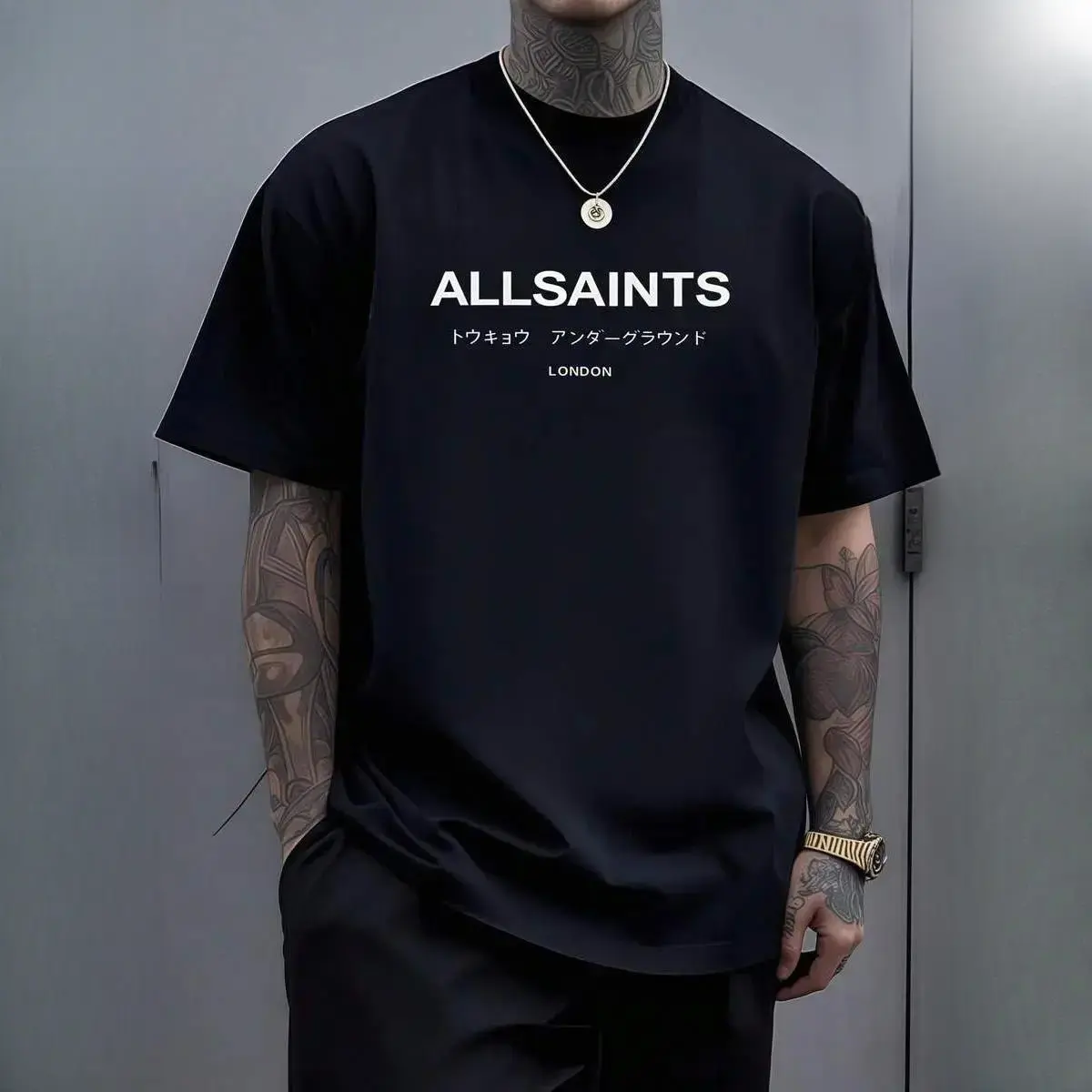 Allsaints London Tokyo Underground Graphic T-Shirt for Men - Shortleeve, Crew Neck (Round Neck Sits Clean and Casual), Soft Cotton, Casual Fit, Minimal Urban Streetwear Tops with Graphic Detail Adds Instant Character, Daily Wear with Street Edge