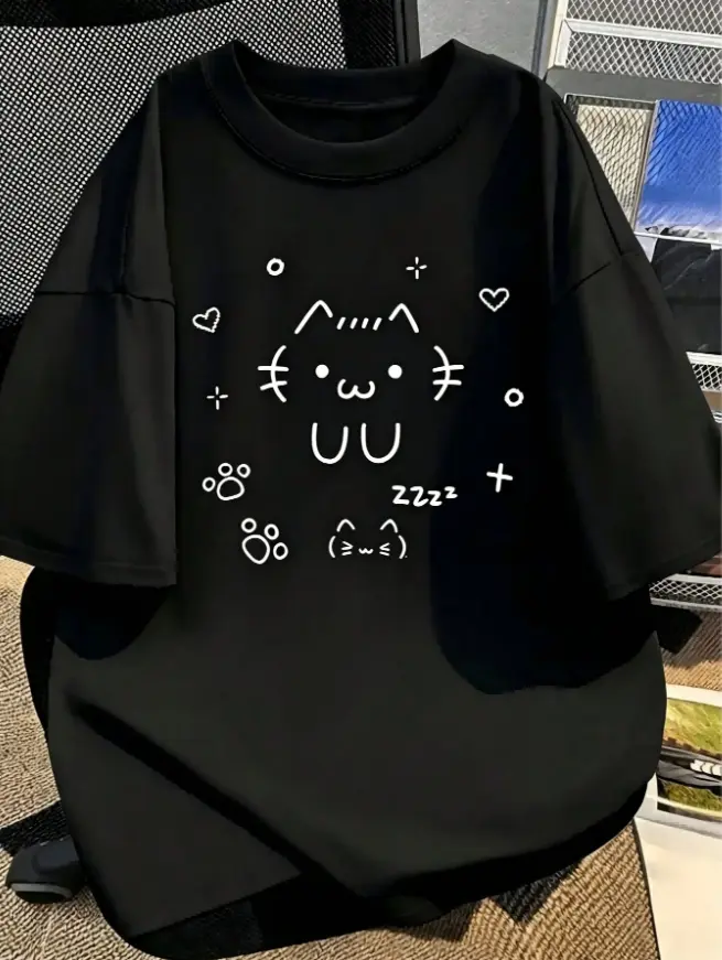 Lazy Sleepy Line Cat Graphic 100% Cotton Summer Tee for Home Loungewear & School Daily Wear Unisex Oversized Black T-shirt