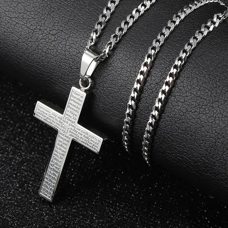 For Men Silver Jesus Christ Cross Pendant Necklace Stainless Steel Bible Engraved Charm ChristIan Jewelry Male Female Halloween Gift